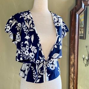 Floral Cardigan Blouse , 1960s 1970s Vintage, Navy Blue & White, Tropical